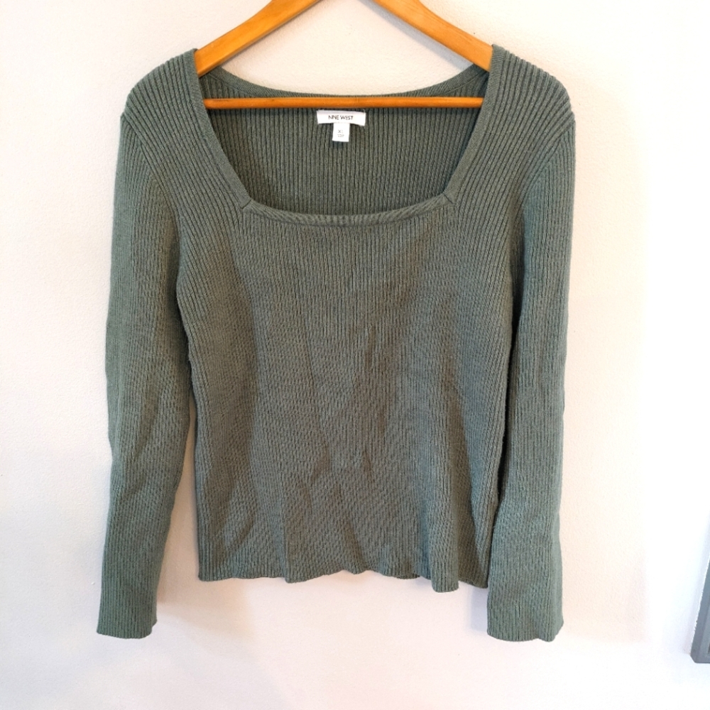 Green Nine West square neck ribbed sweater